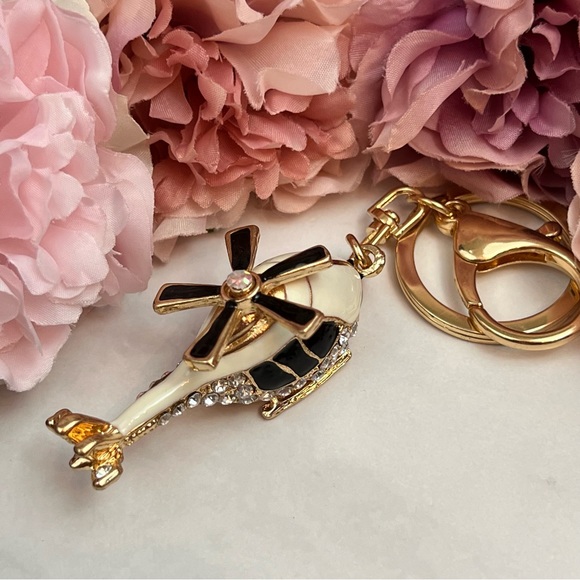 Whimsical Black and White Crystal Helicopter Keychain Charm - Picture 7 of 16